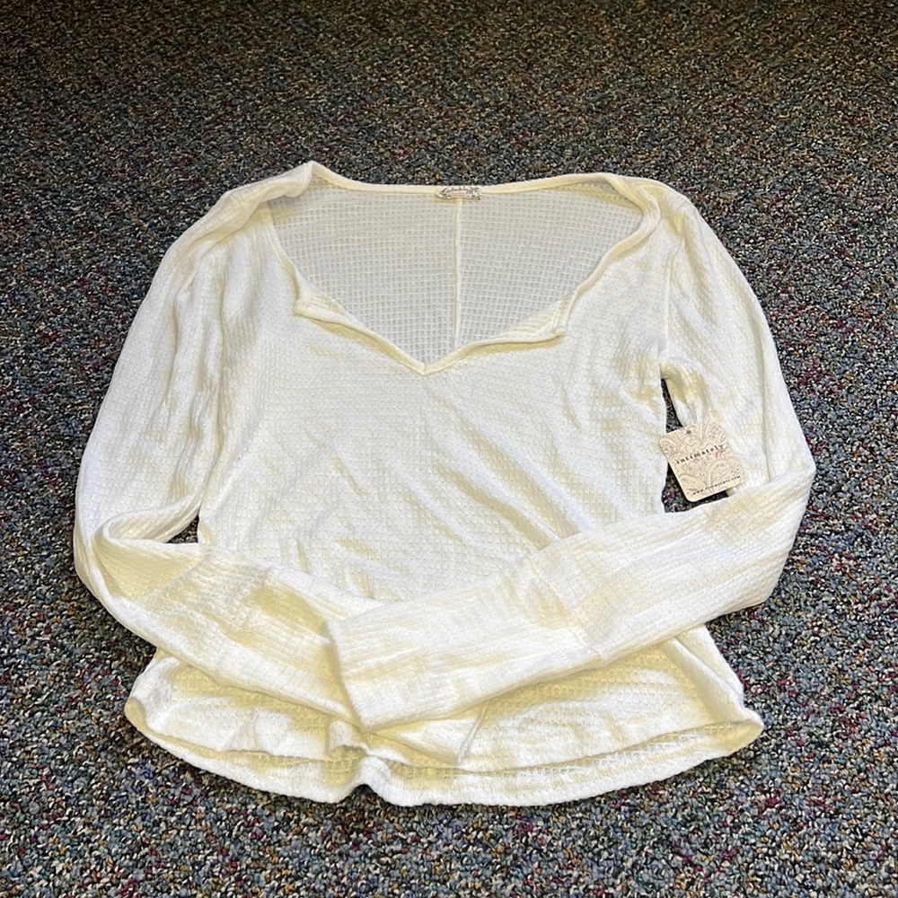 NWT Free People v-neck sheer long sleeve white top. Size M.